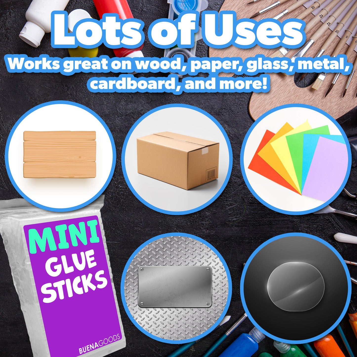 Buena Goods 200 Pack Mini Hot Glue Sticks for Mini Hot Glue Guns - 4" x 0.27" - Bond and Craft on Metal, Paper, Glass, Wood, and More - Quick Drying and Clear Sticks Bulk for Crafts