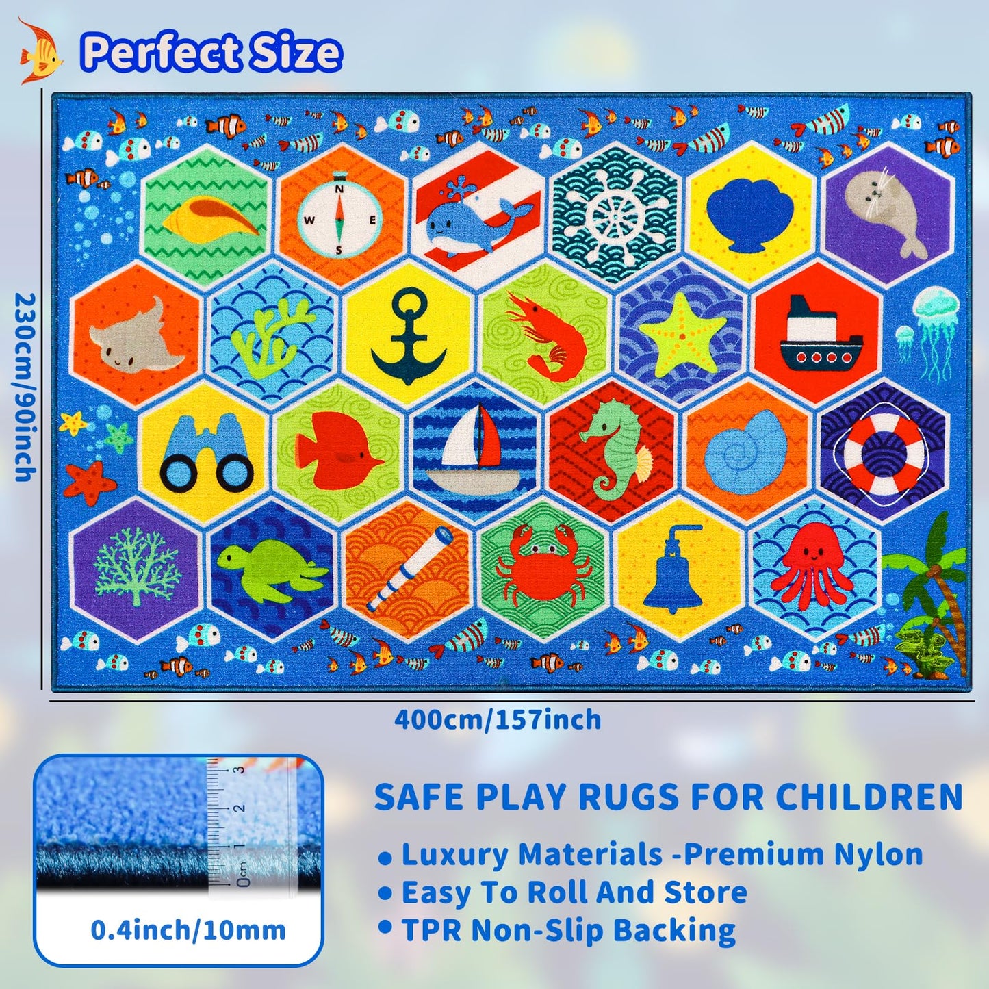 Mfmiudole Extra Large Ocean Classroom Rug with 24 Hexagon Seats, 13.3'×7.7' Educational Preschool Carpet for Circle Time, Kindergarten, Daycare and Early Learning, Non-Slip Kids Classroom Rug