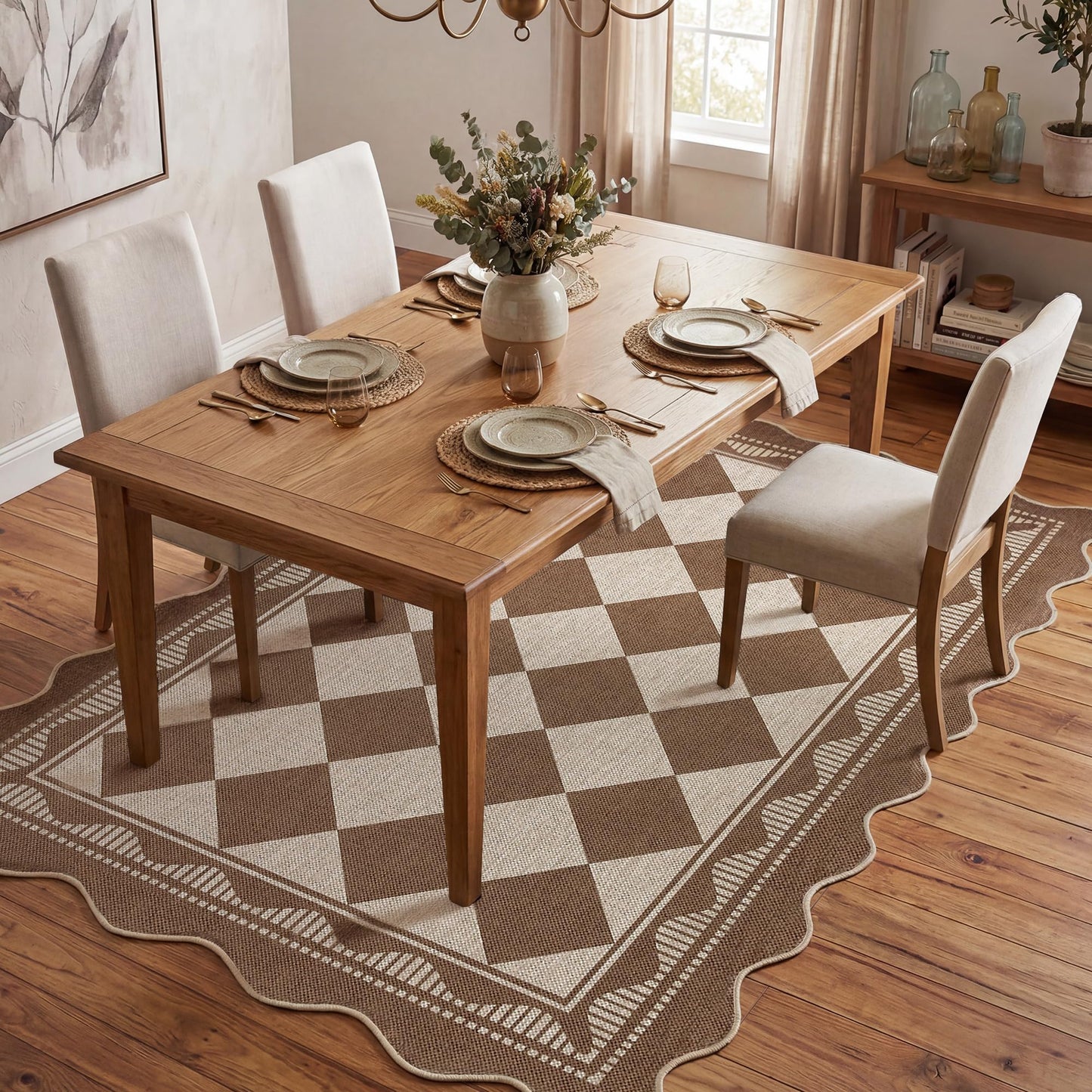 Garvee Easy Jute 8x10 Area Rug Scalloped Border Rugs for Living Room Indoor Outdoor Washable Rugs for Bedroom Non Slip Floor Cover Stain Resistant Low Pile Throw Rug for Dining Room Nursery，Brown