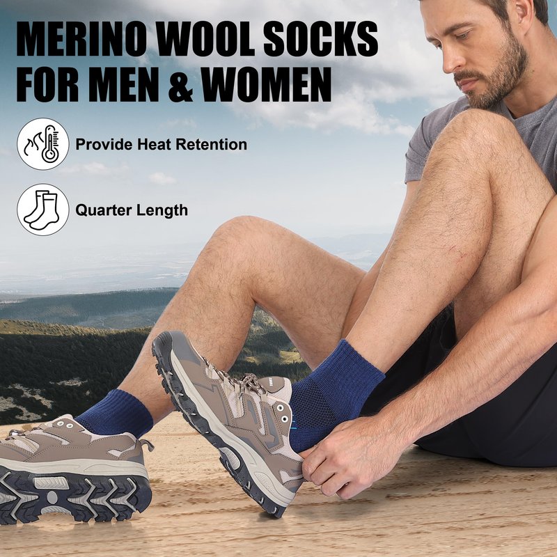 Lapulas Merino Wool Quarter Socks for Men Women, Hiking Running, Cushioned Compression Support, Thermal Thick, 5 Pairs