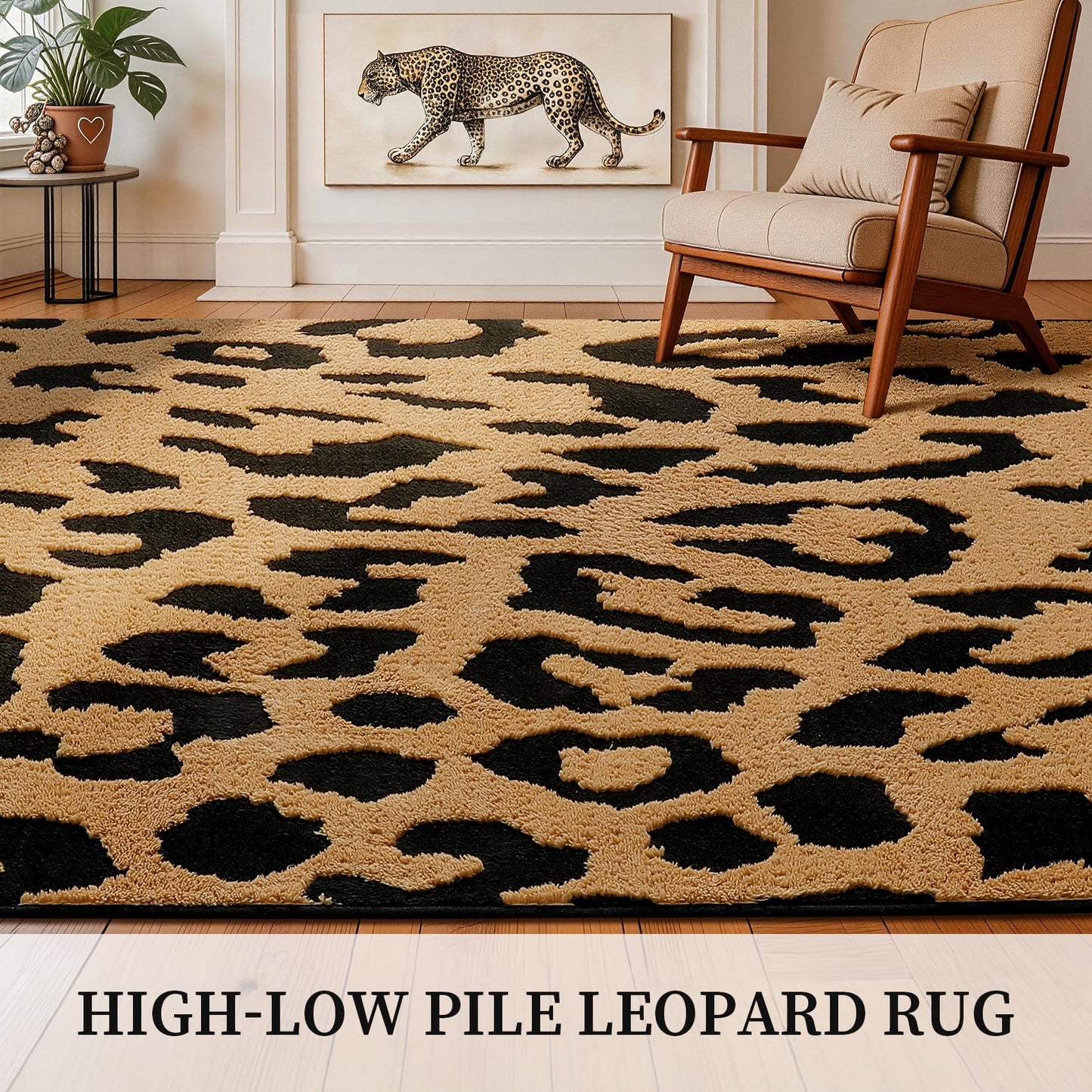 YIHOUSE 5×7 Ft Leopard Area Rugs, Washable High-Low Pile Plush Soft Rug, Non-Slip Non-Shedding Animal Cheetah Carpet for Living Room, Bedroom, Dining Room, Nursery, Home Decor
