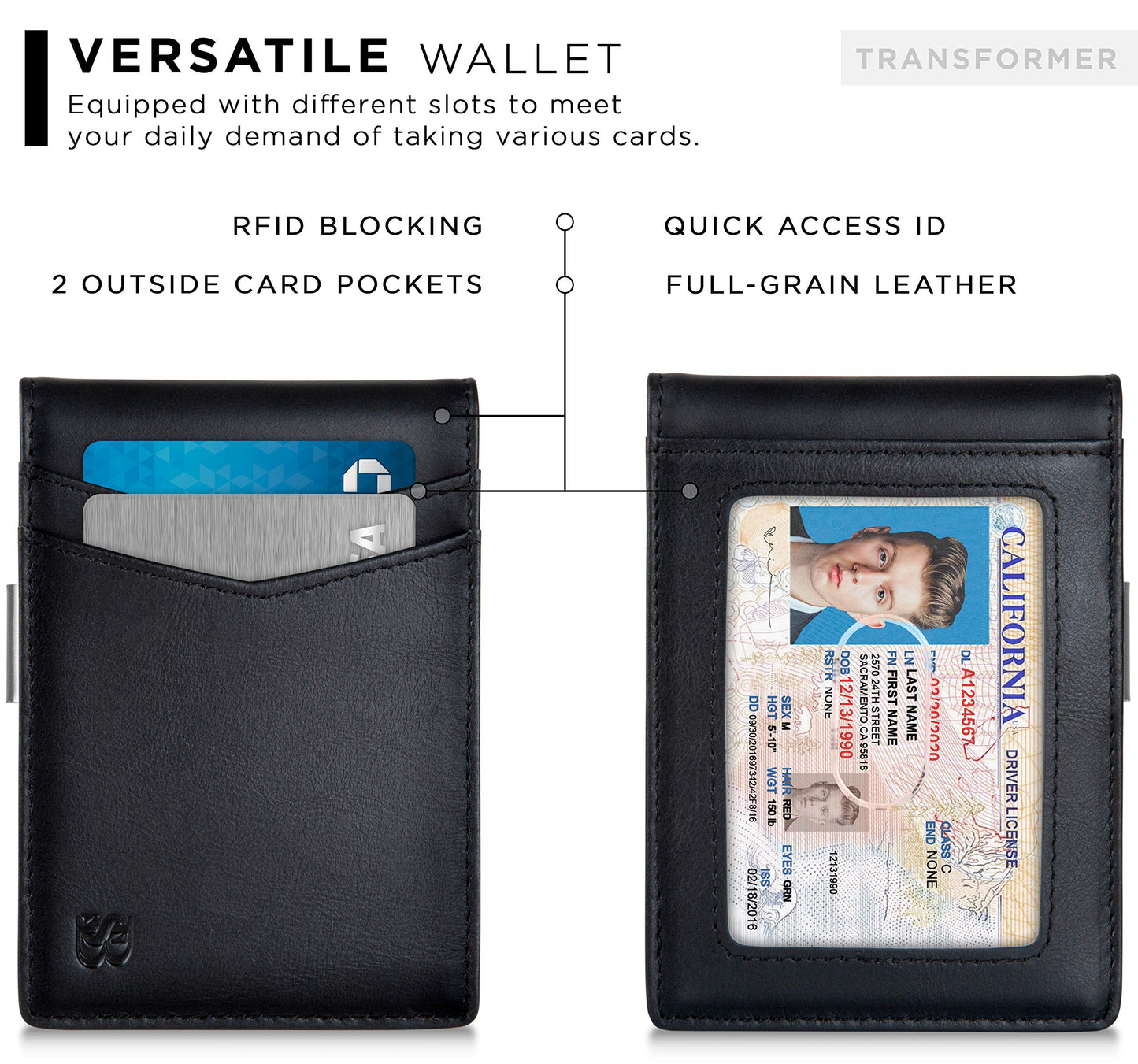 SERMAN BRANDS Money Clip Wallet - Mens Wallets slim Front Pocket RFID Blocking Card Holder Minimalist Mini Bifold (Charcoal Black Transformer)