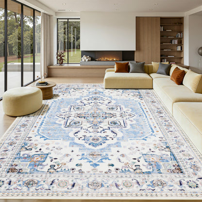 KENODITAN 9x12 Area Rug Living Room Rugs, Stain Resistant Washable Rug, Vintage Large Non-Slip Backing, Low Pile Lightweight Print Rug for Bedroom Dinning Room Home Office (White/Blue)