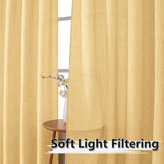 Tollpiz Short Linen Curtains Living Room Rod Pocket Semi Sheer Curtain Burlap Light Filtering Thick Linen Drapes for Bedroom, 54 x 54 inches Long, Beige, Set of 2 Panels