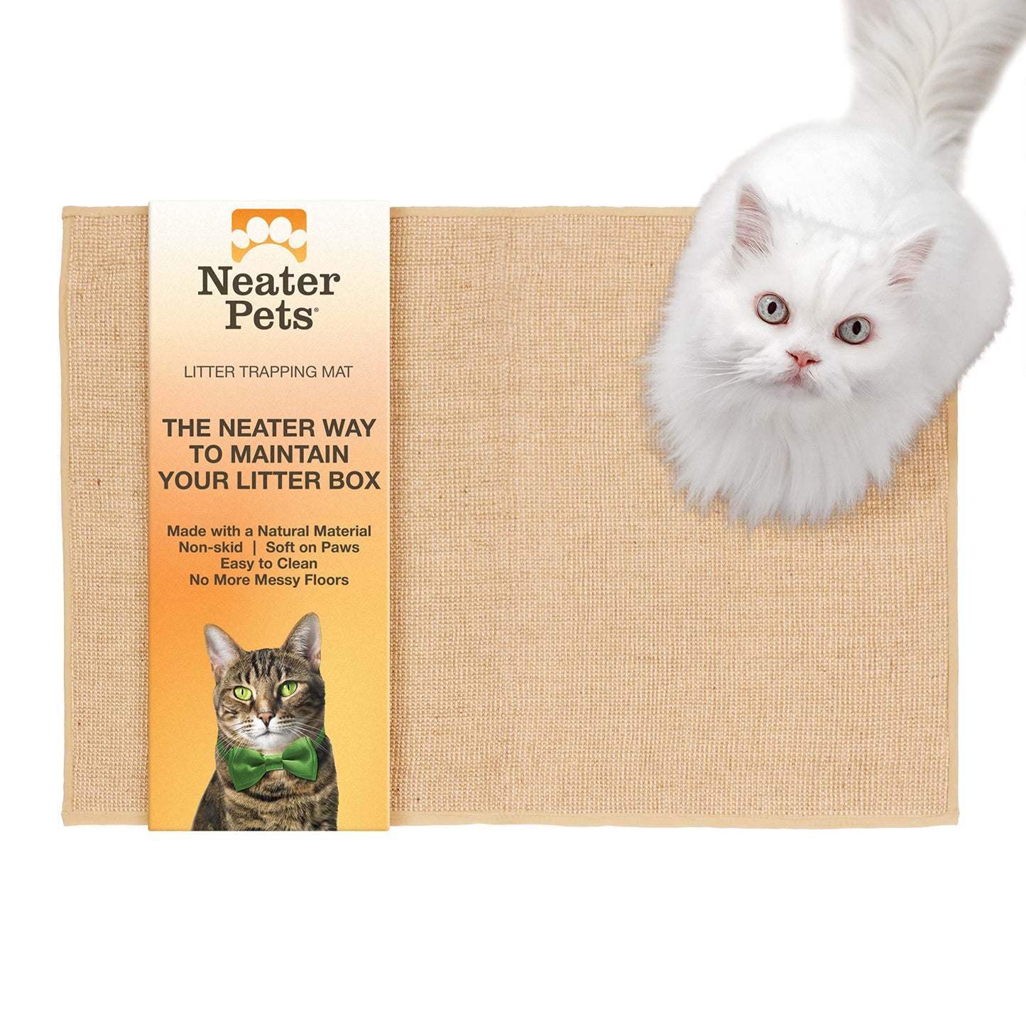 Neater Pets Jute Cat Litter Trapping Mat - Catches Spilled Litter Mess from Kitty Litter Box to Protect Floors, Soft on Cats Paws, Anti-Skid Backing, Easy to Clean, Beige, 24" x 36"