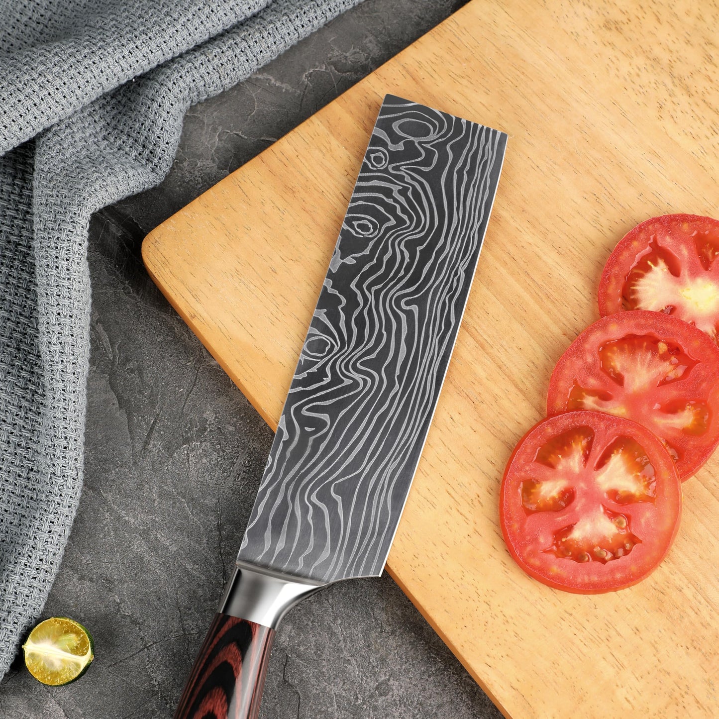 Seido Knives Master 7 Inch Nakiri Knife – High Carbon Stainless Steel Damascus Pattern Blade Full-Tang Balance Ergonomic Pakkawood Handle