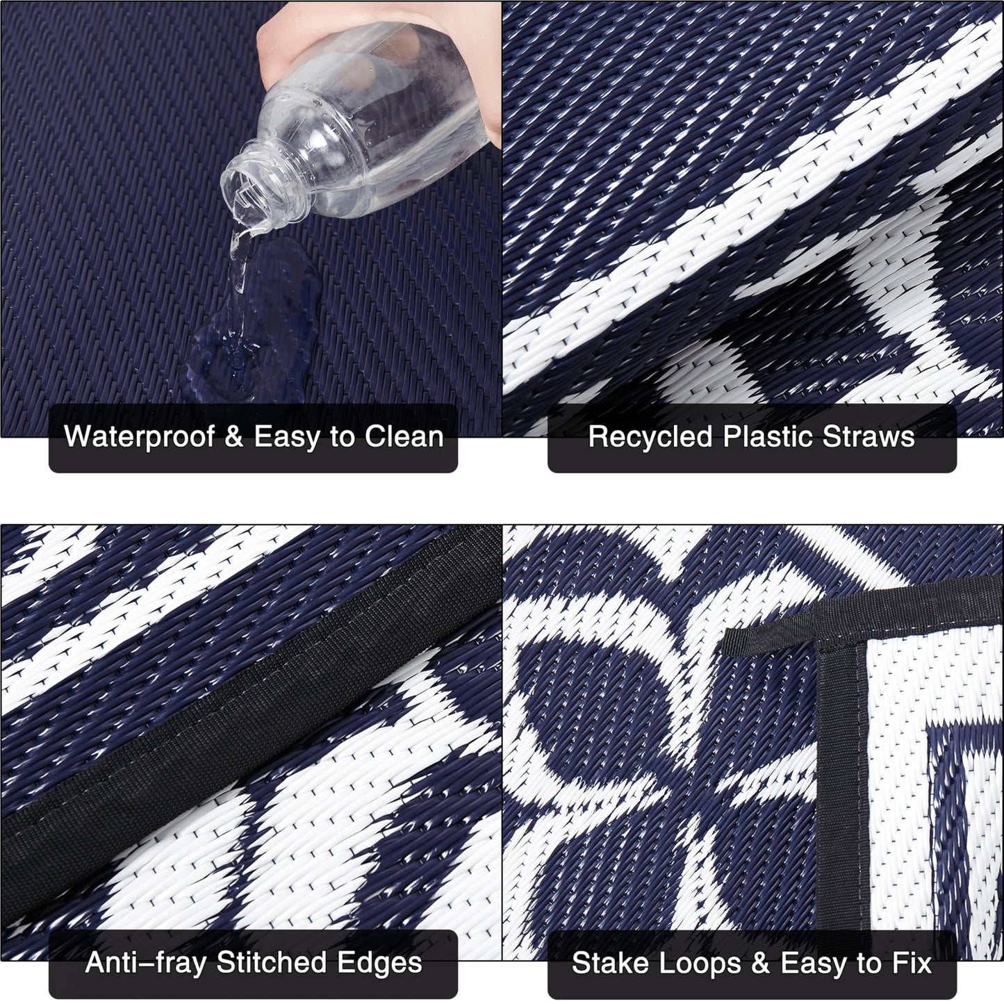 PureCozy Outdoor Plastic Straw Rug Navy Blue Large Outside Waterproof Outdoor Patio 5x8 Carpet Geometric Reversible Mat Modern for Camping RV Porch Deck Balcony Beach