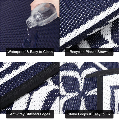 PureCozy Outdoor Plastic Straw Rug Navy Blue Large Outside Waterproof Outdoor Patio 5x8 Carpet Geometric Reversible Mat Modern for Camping RV Porch Deck Balcony Beach