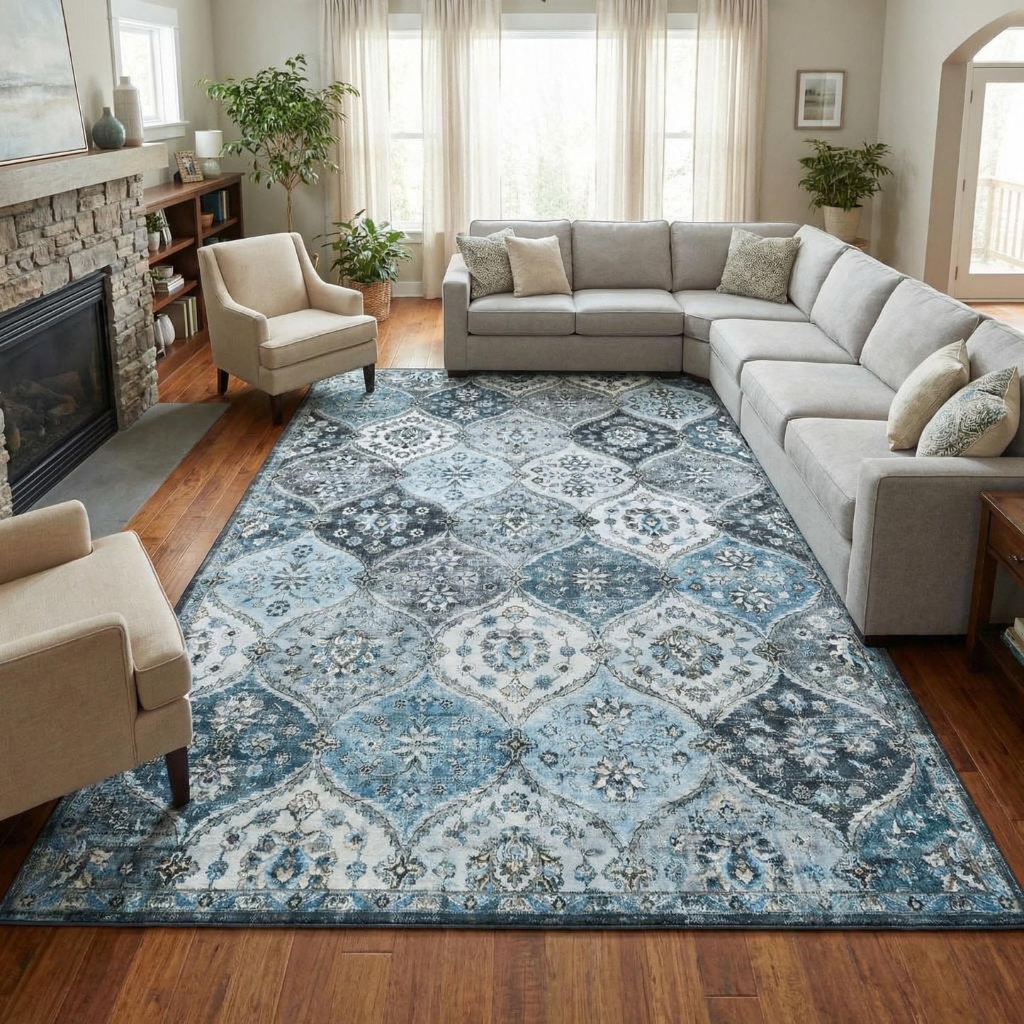 Garvee Living Room Rug 8x10 Washable Rug Trellis Rugs for Bedroom Non Slip Low Pile Indoor Carpet Soft Non-Shedding Foldable Thin Mat for Bedroom Dining Room Farmhouse Kids Playroom Office Blue
