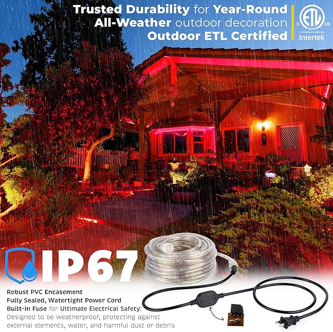 WYZworks 108LEDs 10ft LED Outside Rope Lights, Outdoor ETL Certified Waterproof Permanent 360 Degree Light Emitting, Flexible Tube, Connectable, Christmas Palm Tree Exterior Landscape, Red