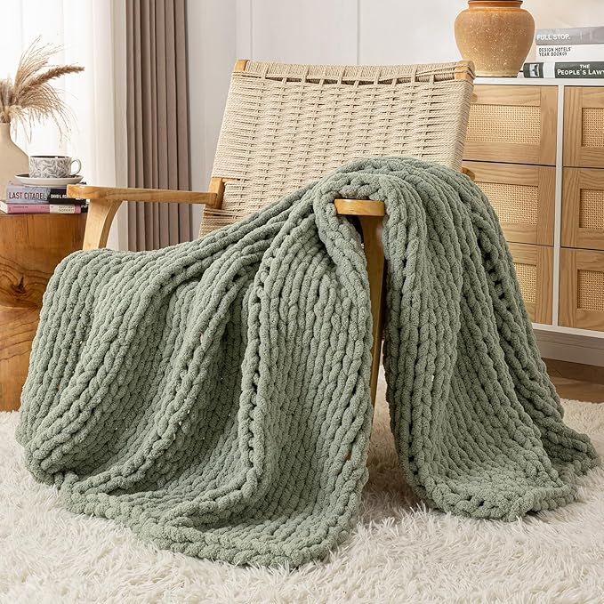 Chunky Knit Blanket Throw, 100% Hand Knit Throw Blanket Handmade Chenille Cable Knit Throw for Couch, Stylish Cozy Soft Rope Knot Crochet Blanket for Home Decor, Sage Green, 40x50 Inches