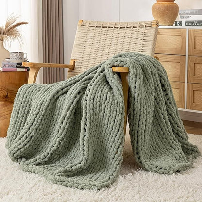 Chunky Knit Blanket Throw, 100% Hand Knit Throw Blanket Handmade Chenille Cable Knit Throw for Couch, Stylish Cozy Soft Rope Knot Crochet Blanket for Home Decor, Sage Green, 40x50 Inches