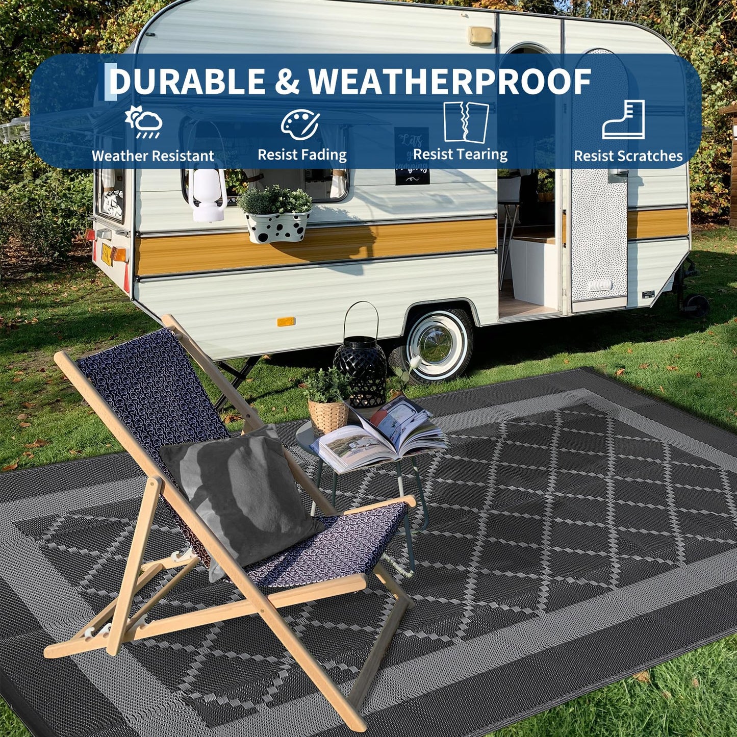 GAOMON Patio Rug 9x18 Waterproof Outdoor Plastic Straw Rug Reversible Camping Mat, Foldable Portable RV Picnic Carpet with Bag & 4 Stakes, UV Resistant Outside Carpet for Deck Balcony, Black&Grey