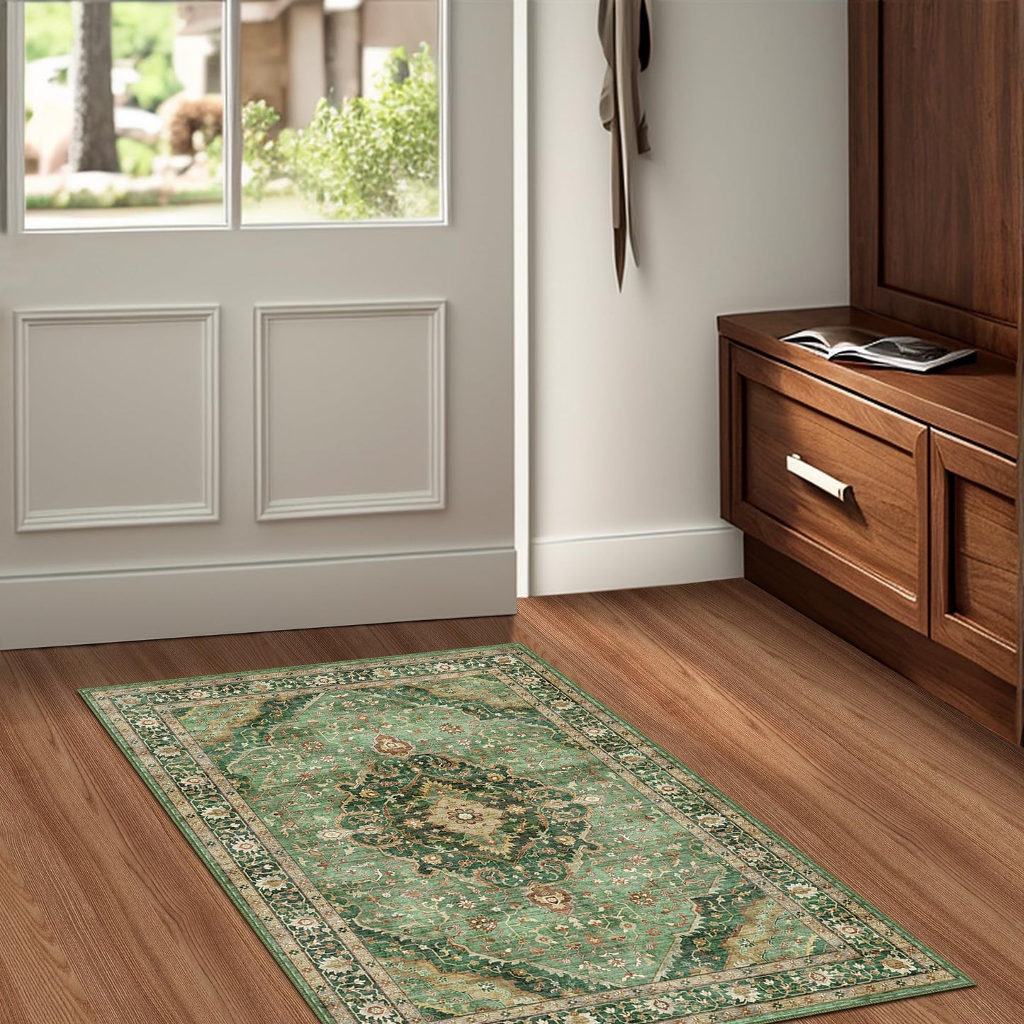 Green Area Rug Entryway Rugs for Bedroom Bathroom Kitchen - 2x3 Small Soft Rugs Low Pile Keep Off Rug Carpet Washable Rug Oriental Indoor Boho Area Rug Cute 2x3ft