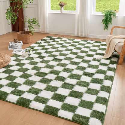 Andency 5x7 Ft Green and White Area Rug for Living Room Classic Checkered Shaggy Rug Non-Slip High Pile Soft Fluffy Rug Fuzzy Carpet Bedroom Kids Toddler Room Nursery Playroom, Cute Dorm Home Decor