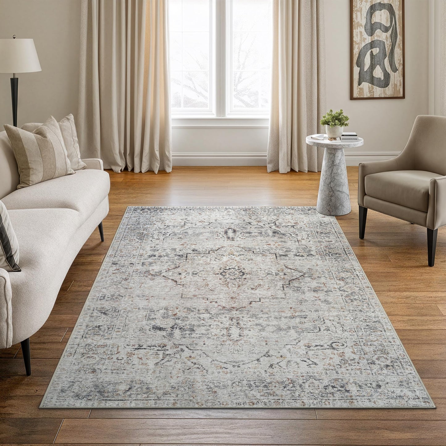Bloom Rugs Caria Washable Non-Slip 4x6 Rug - Ivory/Gray/Caramel Traditional Area Rug for Living Room, Bedroom, Dining Room, and Kitchen - Exact Size: 4' x 6'