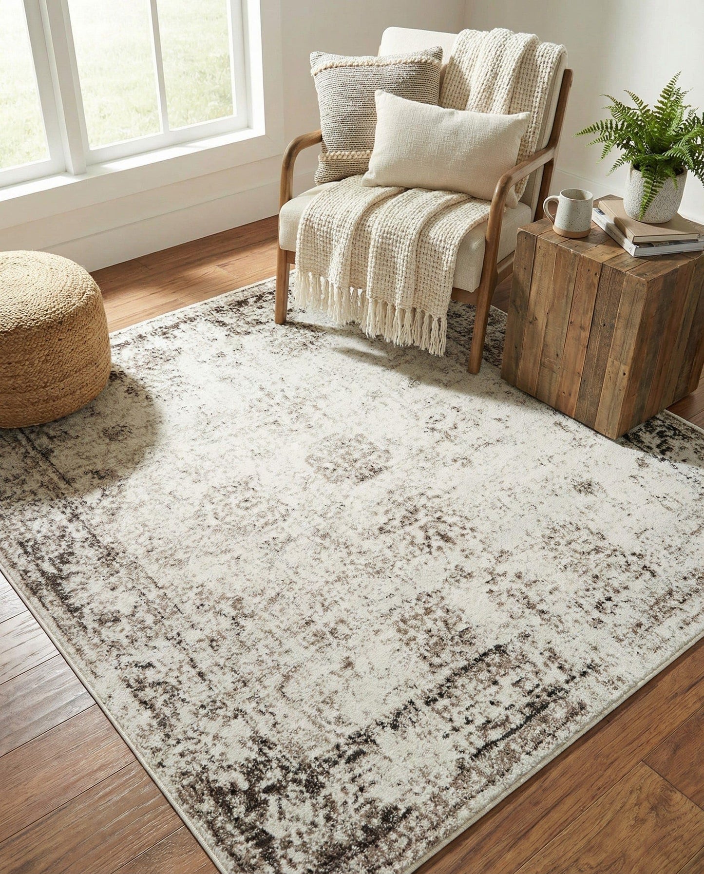 Rugs.com - Monte Carlo Rug – 5 Ft Square Beige Easy-Clean Rug – Distressed Medallion for Living Rooms, Bedrooms, and Entryways