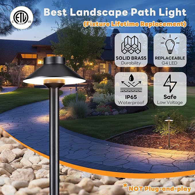 Gardenreet Solid Cast Brass Pathway Light - 12v LED Landscape Path Lights Outdoor Waterproof IP65, Electric Pathlights Wired, Hat Shape Black for Garden Decorations G4 Bulb Not Included (12 Pack)