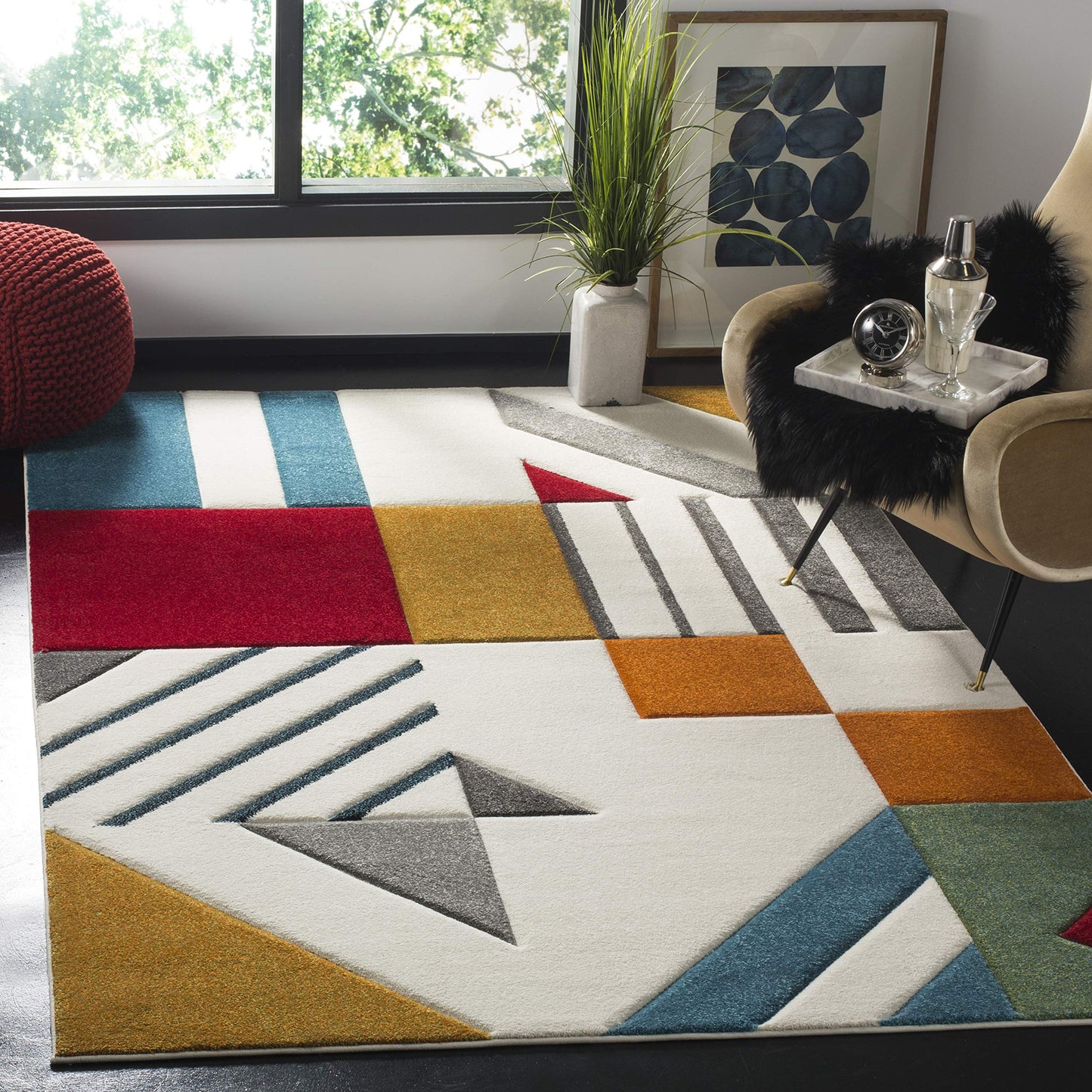 SAFAVIEH Hollywood Collection Area Rug - 5'3" x 7'6", Ivory & Peacock Blue, Mid-Century Modern Design, Non-Shedding & Easy Care, Ideal for High Traffic Areas in Living Room, Bedroom (HLW709B)