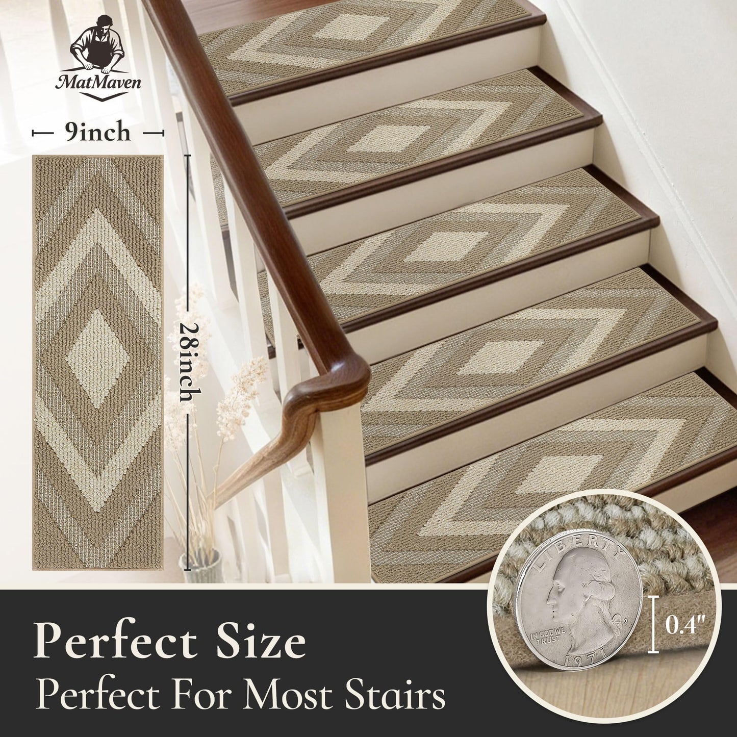 MatMaven Stair Treads for Wooden Steps Indoor, 14 Pack 9"x28" Non Slip Carpet Stair Treads,Machine Washable Stair Runner Rugs with Peel & Stick Reusable TPE Backing for Kids Elders & Pets,Beige