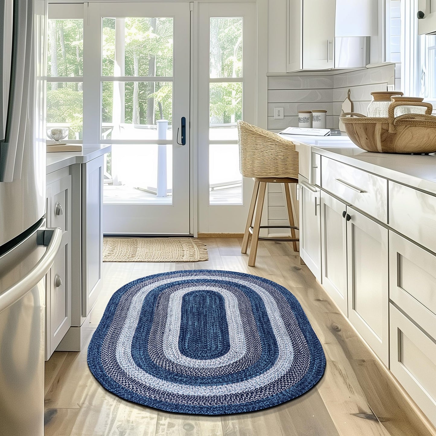 Super Area Rugs Rustic Aqua Blue/White/Black Oval Braided Rug for Entryway/Foyer, Washable Outdoor Rug for Patio/Porch 3' x 5' Oval