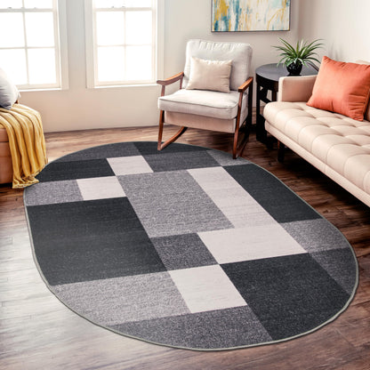 Rugshop Gray Modern Geometric Boxes Non-Slip Area Rug Non-Shedding for Dining Area, Bedroom and Living Room, 5' x 7' Oval