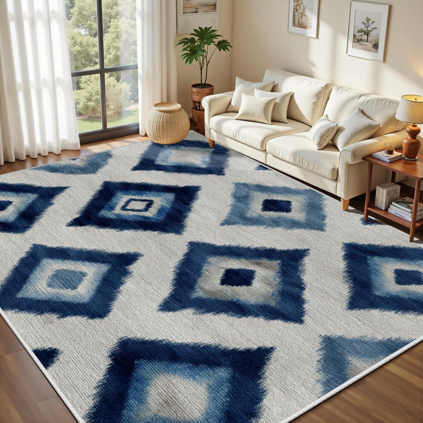 Rustic Area Rugs 7x9 - Native American Inspired Tribal Design, Rustic Lodge Country Style, Washable Non Slip Soft Floor Carpet for Living Room Bedroom Office, Geometric Home Decor
