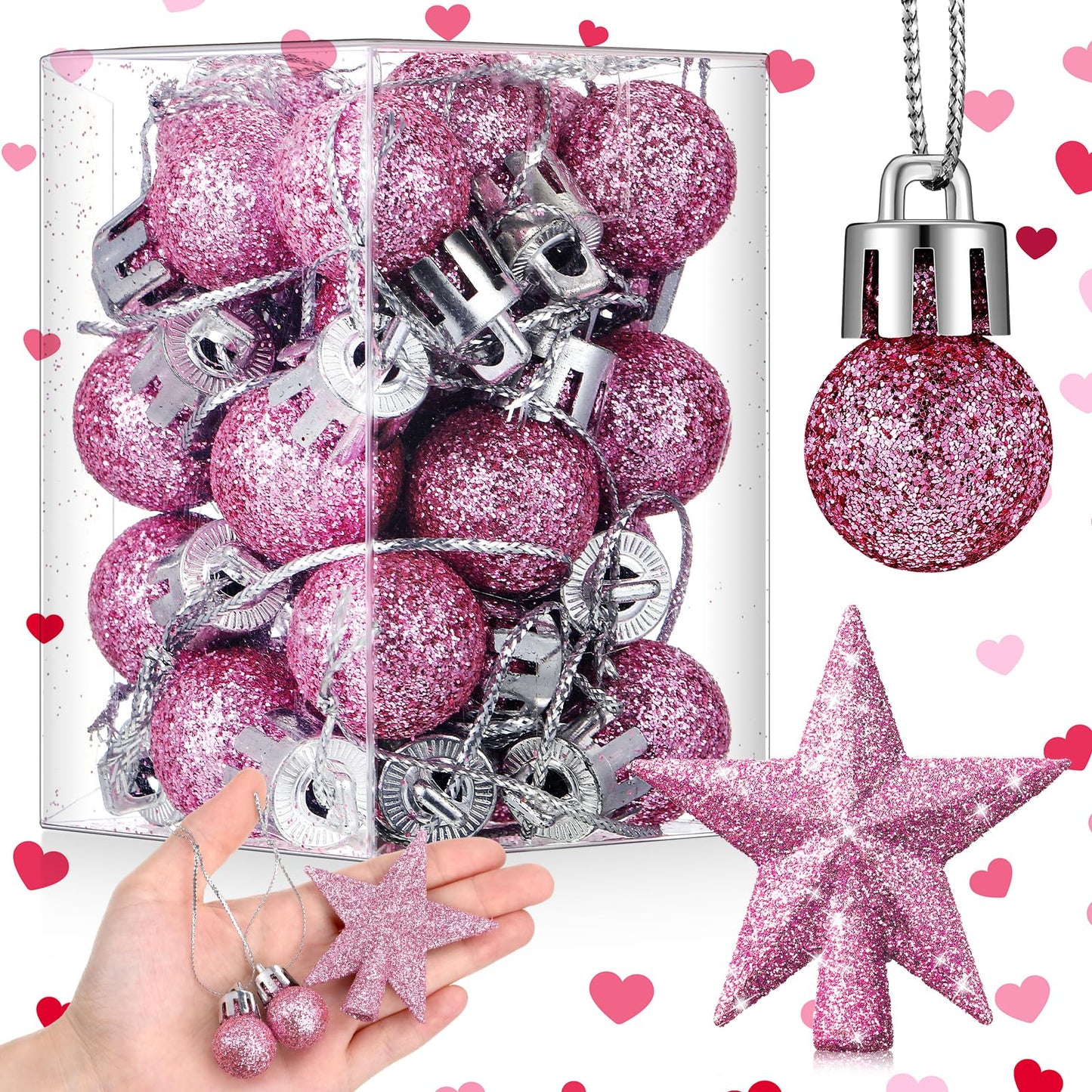 RoundFunny 25 Pcs Mini Valentine's Day Ornaments Set 0.79 Inch Glitter Valentine's Day Ball Tree Topper Star Hanging Ornaments for Party Decoration(Pink)