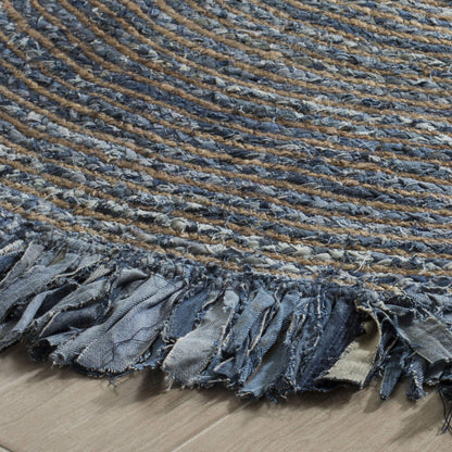 SAFAVIEH Cape Cod Collection Area Rug - 8' Round, Ivory & Denim, Handmade Boho Fringe Jute & Cotton, Ideal for High Traffic Areas in Living Room, Bedroom (CAP206D)