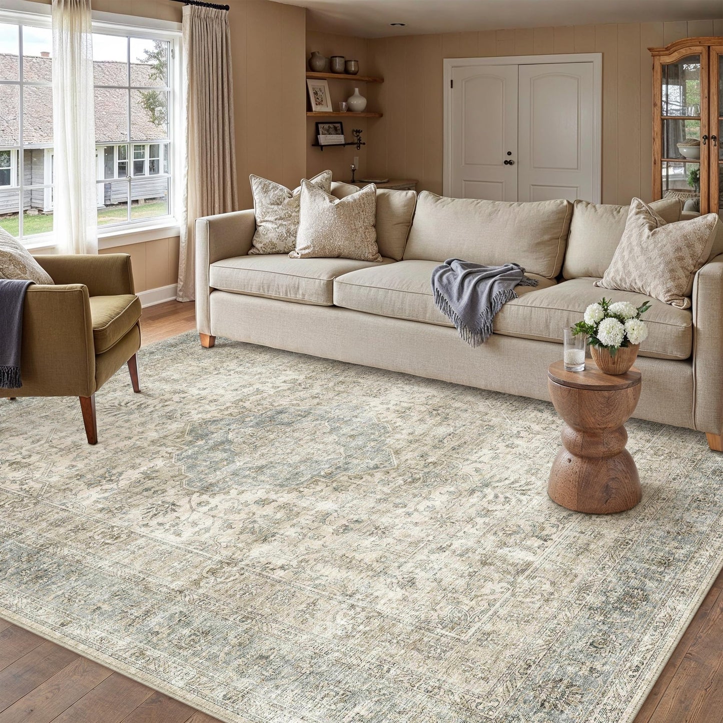 PureCozy 5x7 Brown Area Rug for Living Room,Non-Slip Backing Washable Carpet,Vintage Large Low Pile Area Rug，Easy Care Ideal for High Traffic Soft Carpet in Bedroom Office Coffee Table Dining Room