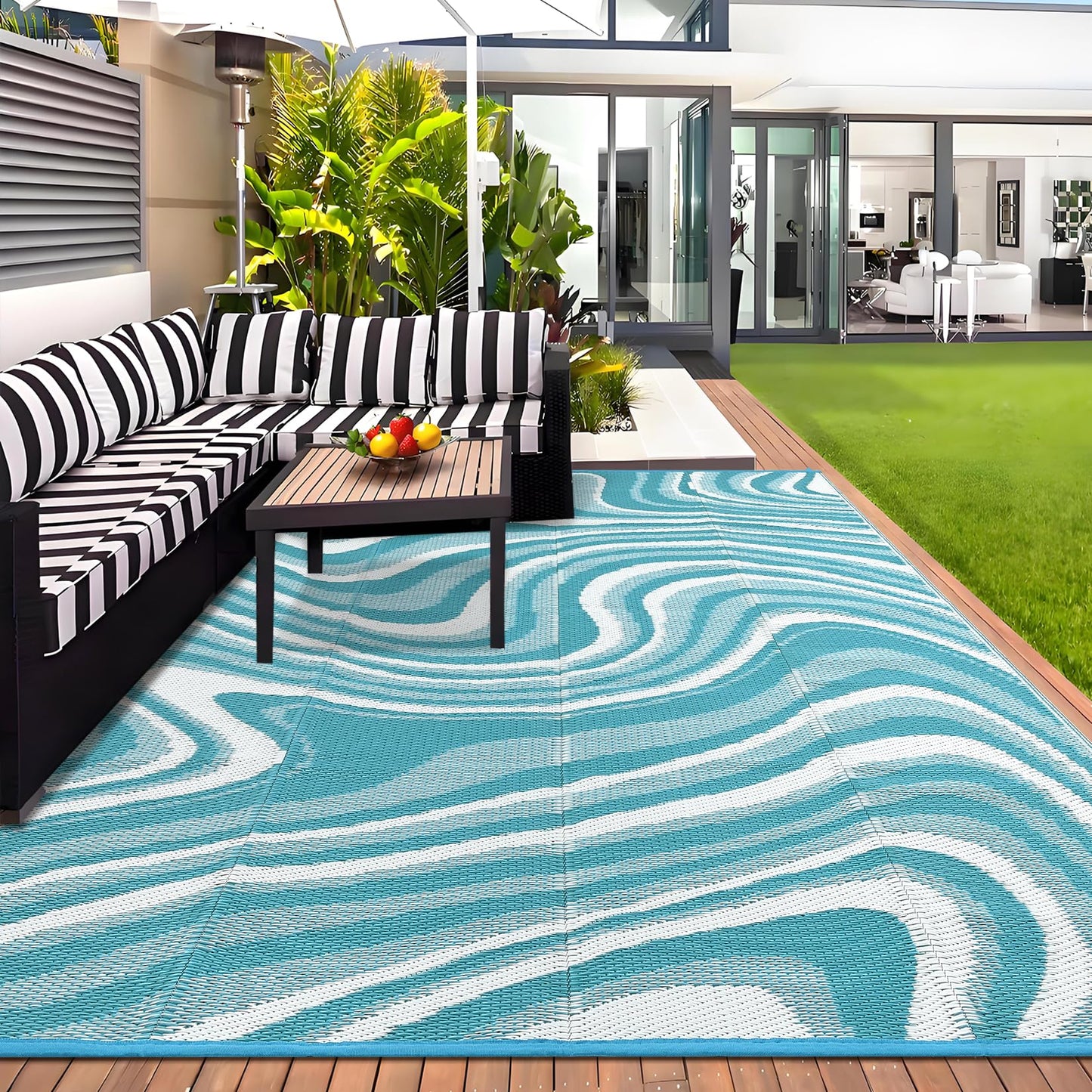 Garvee Large Modern Outdoor Rug 9x12 Patio Rugs Outdoor Waterproof Reversible Plastic Straw Camping Rug, Abstract Outside Rugs for Picnic Backyard Deck Balcony Porch Beach Trailer, Light Blue