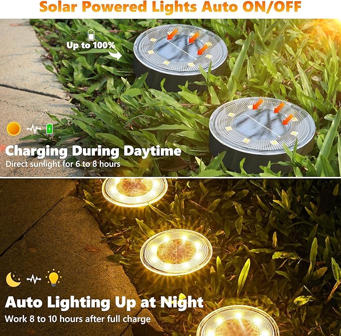Joomer Solar Ground Lights, 8 Pack 8 LED Solar Lights Outdoor IP68 Waterproof Solar Disc Lights In-Ground Landscape Lighting Outdoor Lights for Patio Pathway Lawn Yard Driveway Walkway (Warm White)