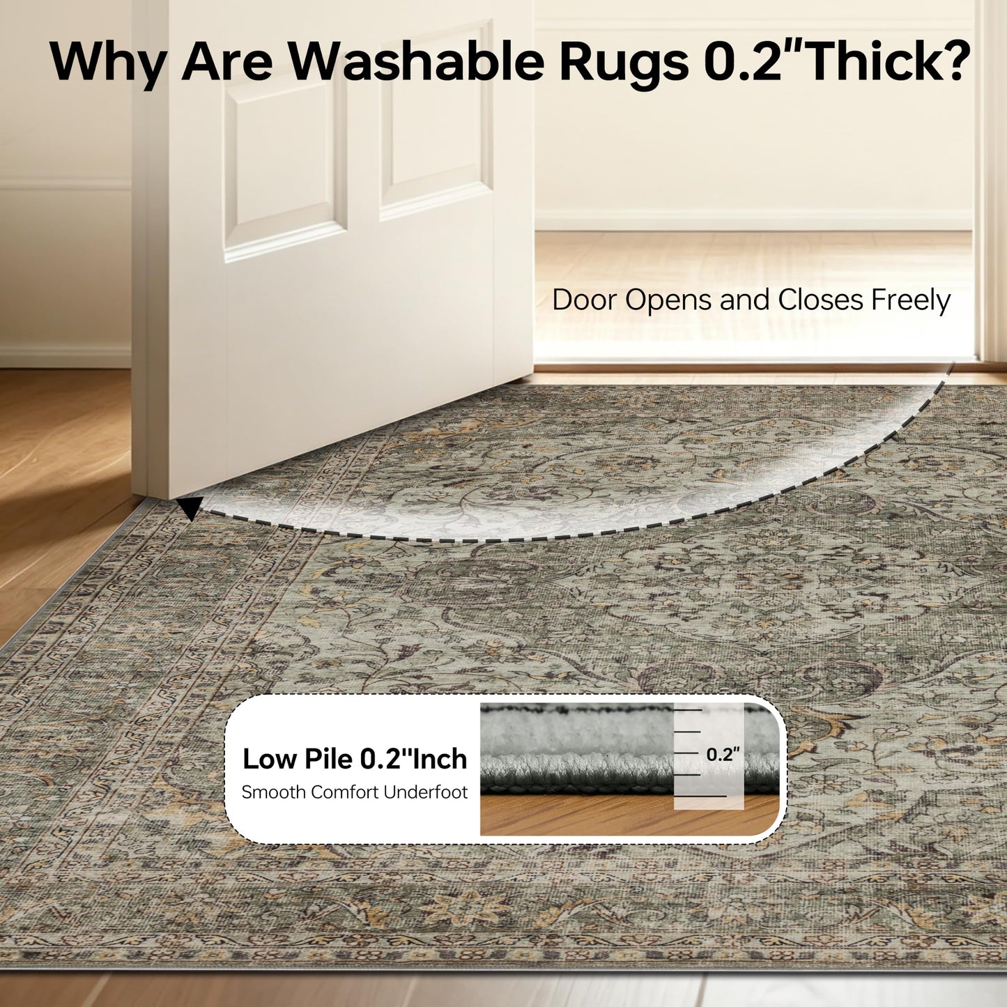 Green 4x6 Area Rugs for Living Room, Boho Vintage Washable Rugs with Non-Slip Backing, Low Pile Retro Soft Carpet for Bedroom, Study Room, Home Office, Dining Room, Olive Green Taupe