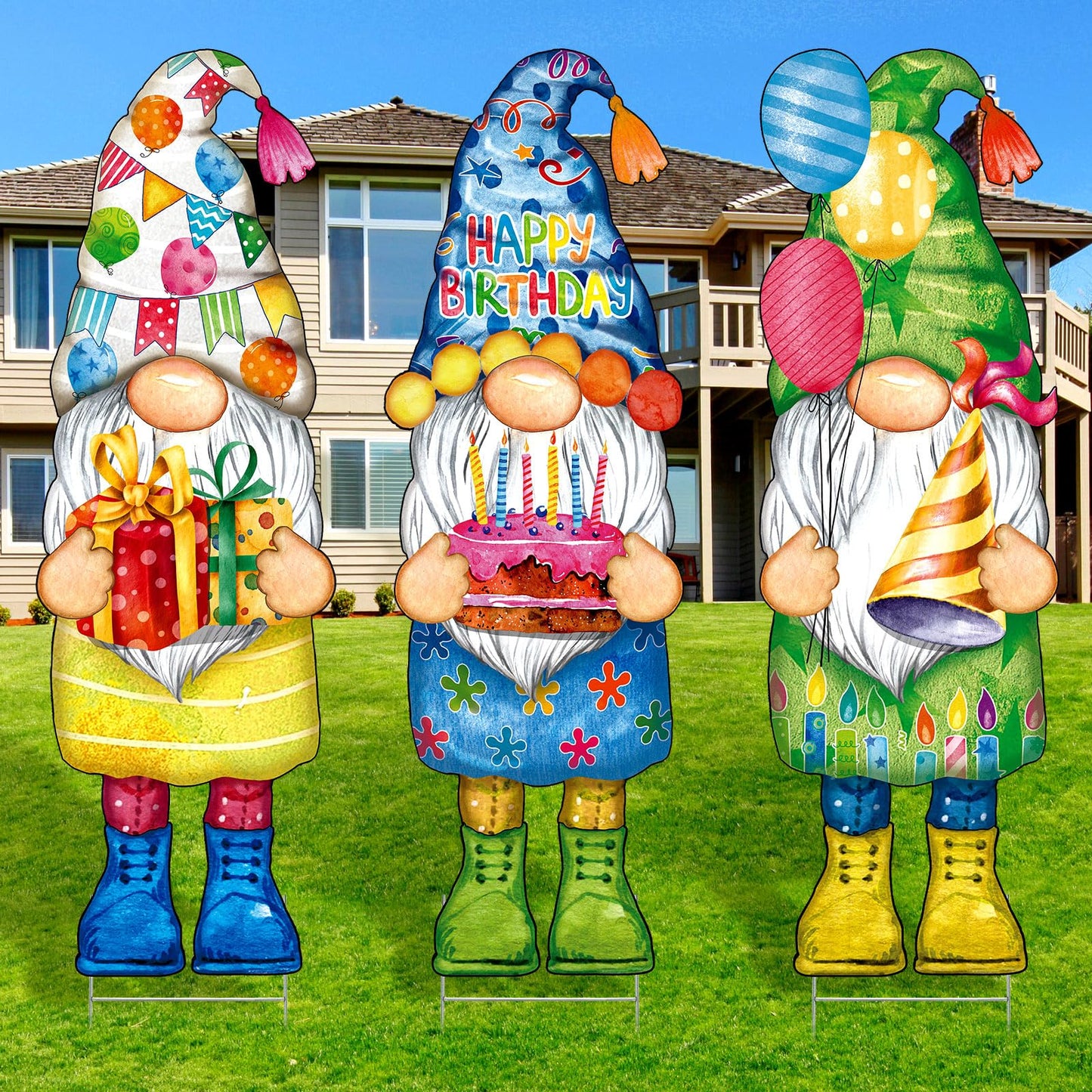 Umigy 3 Pcs 32 x 10 Inch Happy Birthday Yard Decor Outdoor Gnome Sign with Stakes Gift Boxes Cake Balloon Gnome Garden Sign Outdoor Yard Decor for Birthday Party Lawn Decorations