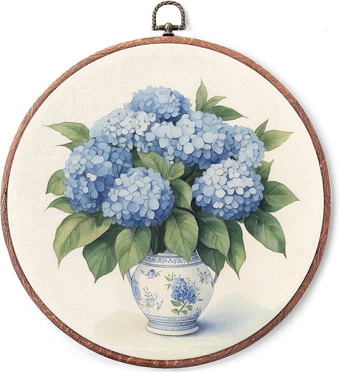 Threegoat Chinoiserie Spring Floral Framed Round Wall Art,Blue and White Hydrangea Flowers Wall Art Decor for Bedroom,Vintage Wall Hanging Decor for Grand Millenial Grandmillennial Home - A01