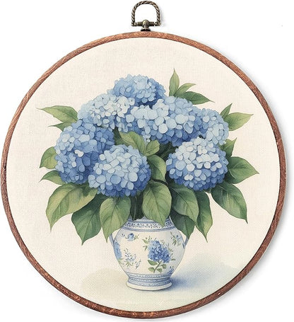 Threegoat Chinoiserie Spring Floral Framed Round Wall Art,Blue and White Hydrangea Flowers Wall Art Decor for Bedroom,Vintage Wall Hanging Decor for Grand Millenial Grandmillennial Home - A01