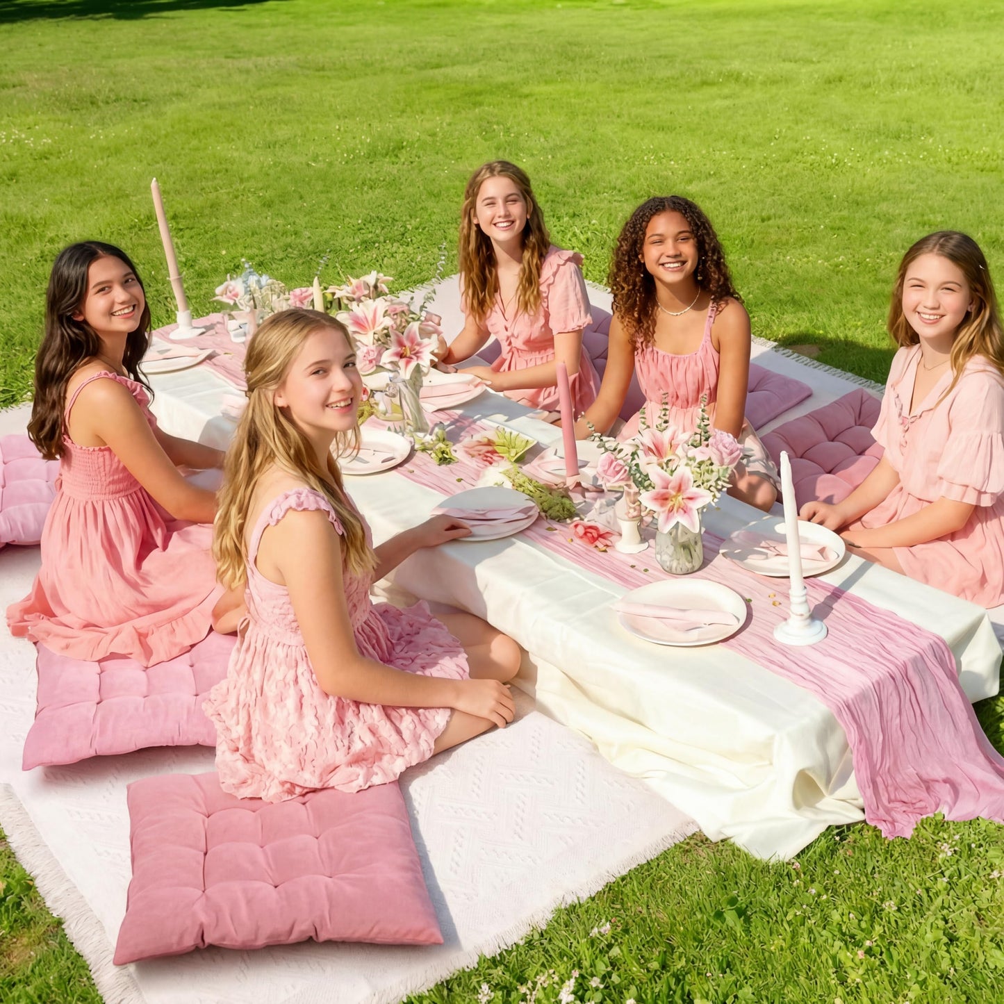 Hillsuren Extra Large Outdoor Picnic Blanket with Table Runner and Floor Pillow Cushion for Picnic Wedding Birthday Baby Shower Backyard (91 x 71'',Pink,6-Person)