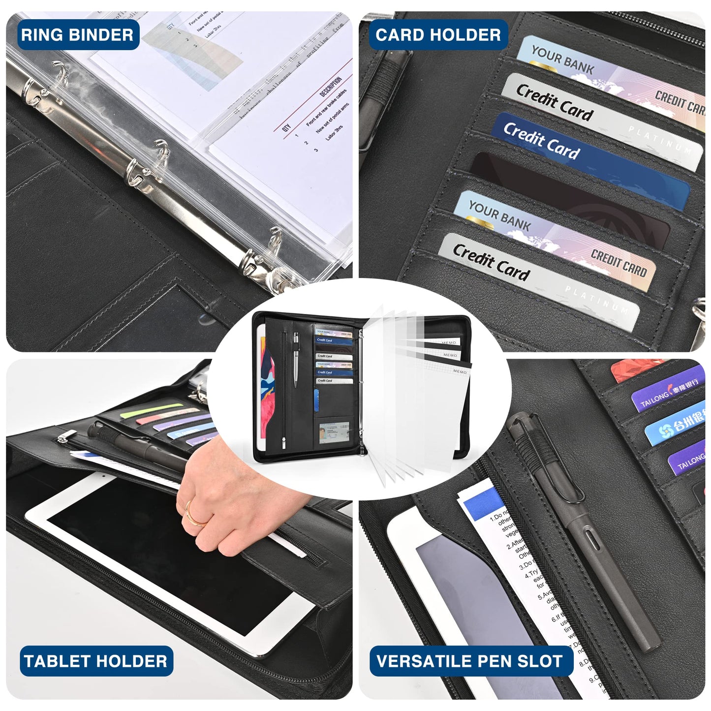 Sbrinnaliao 3-Ring Padfolio Portfolio Binder Organizer,PU Leather Folder Binder Business Planner Notebook Zippered Portfolio for Women/Men with Document Sleeve,Letter/A4 Size Clipboard