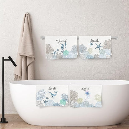 Coastal Hand Towels for Bathroom Set of 4, Relax Breathe Soak Unwind Decorative