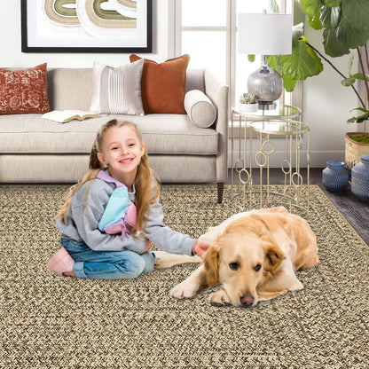 ROYHOME Washable Area Rug 5x7 Print Braided Machine Washable Rug Solid Printed Textured Carpet Stain Resistant Non-Slip Farmhouse Floor Cover for Living Room Dining Bedroom Decor, Linen