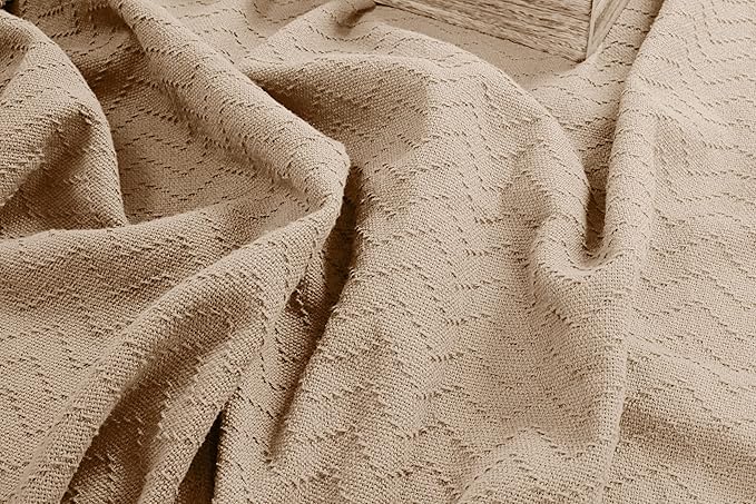 BELIZZI HOME 100% Cotton Bed Blanket, Breathable Thermal Blanket King Size, Soft Chevron 90inchx102inch, Perfect for Layering Any All Season, Beige, Biege, (90inchx102inch)