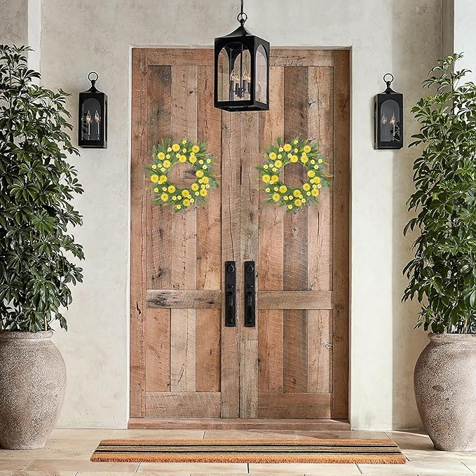 Front Door Wreath for Spring Summer 22"-24" Yellow Daisy Wreath with Artificial Greenery and Wildflowers - Farmhouse Floral Wreaths for Wall Porch Home Indoor Outdoor Décor