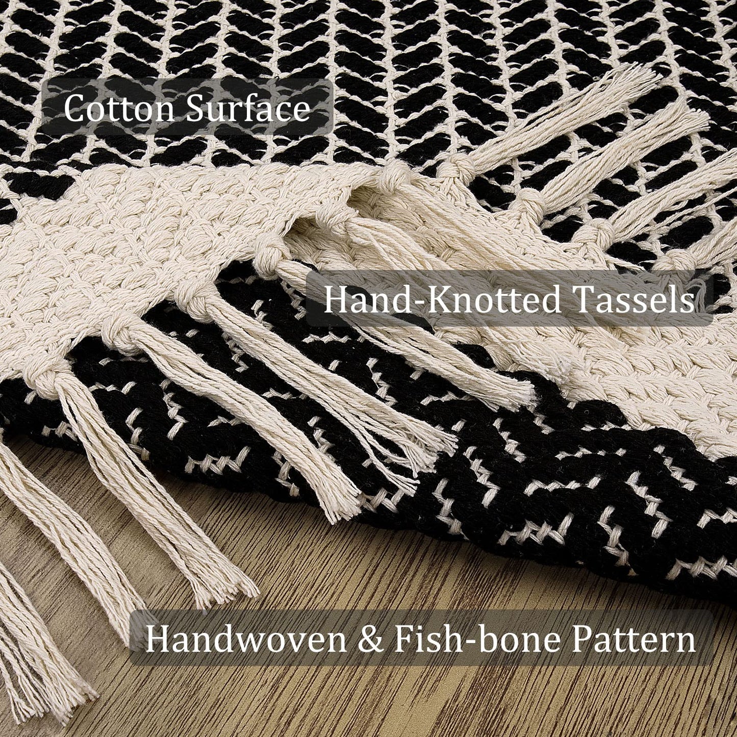 Lahome Belle Boho Entryway Rug, 3x5 Rugs for Bedroom Lightweight Washable Throw Rug Woven Cotton Bathroom Carpet with Tassels, Farmhouse Black and White Rugs for Living Room Kitchen Office Dorm