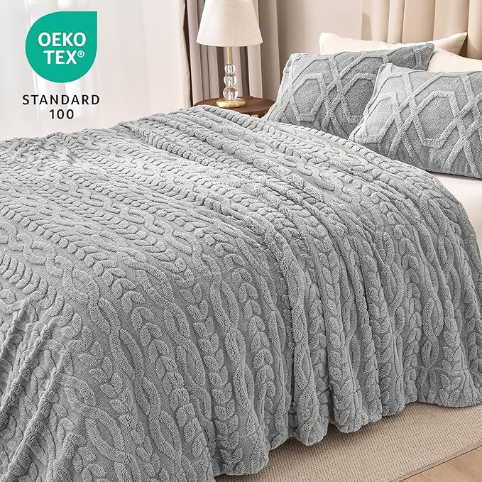 PHF Fluffy Sherpa Blanket Queen Size for Winter, Warm and Soft, 510GSM 3D Jacquard Thick Shaggy Fleece Plush Blanket for Sofa Bed, Grey, 90"x90"