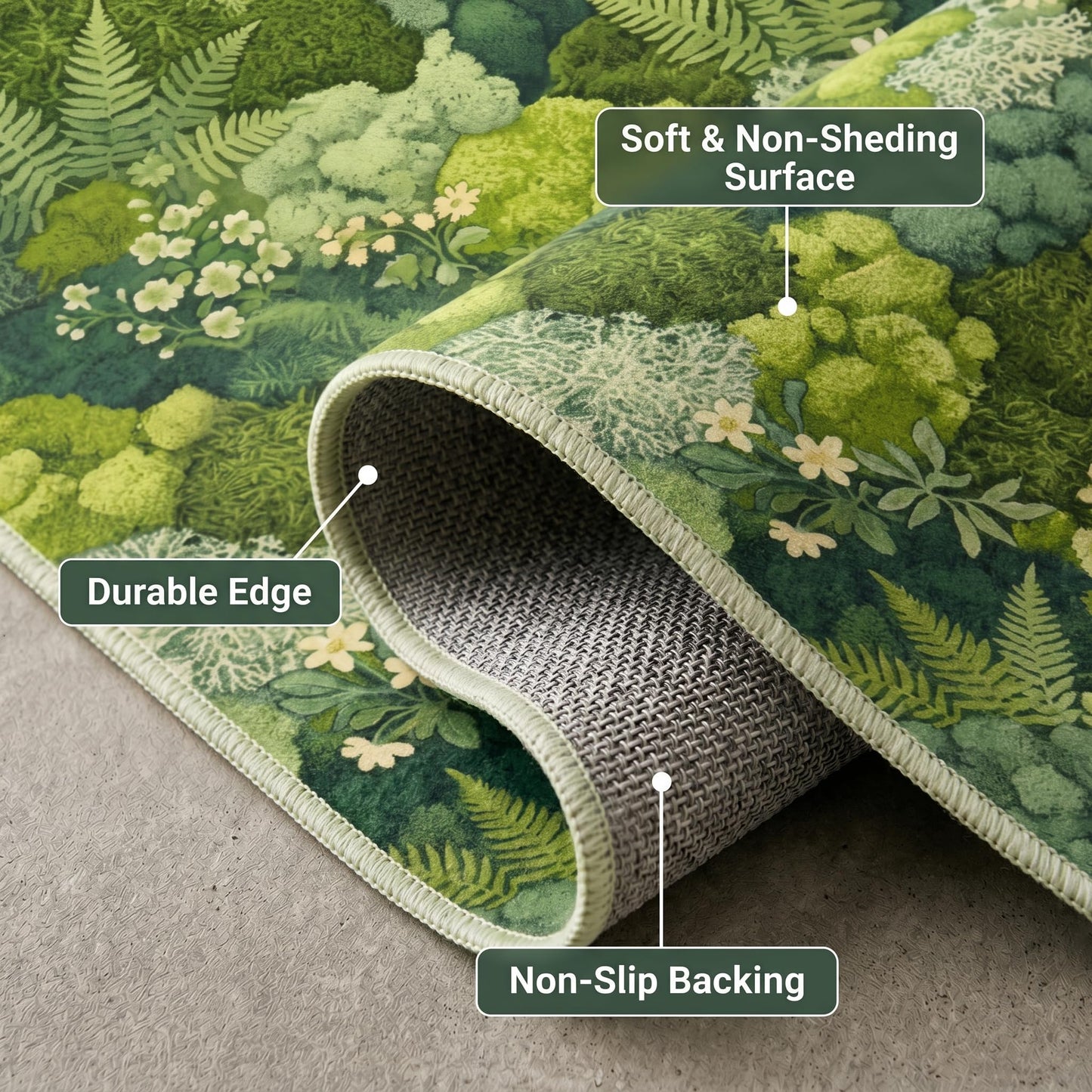GraceSway CS 5x7 Area Rug, Green Botanical Moss & Fern Print, Faux Cashmere Low Pile, Foldable Non-Slip Rug for Living Room Bedroom, Machine Washable