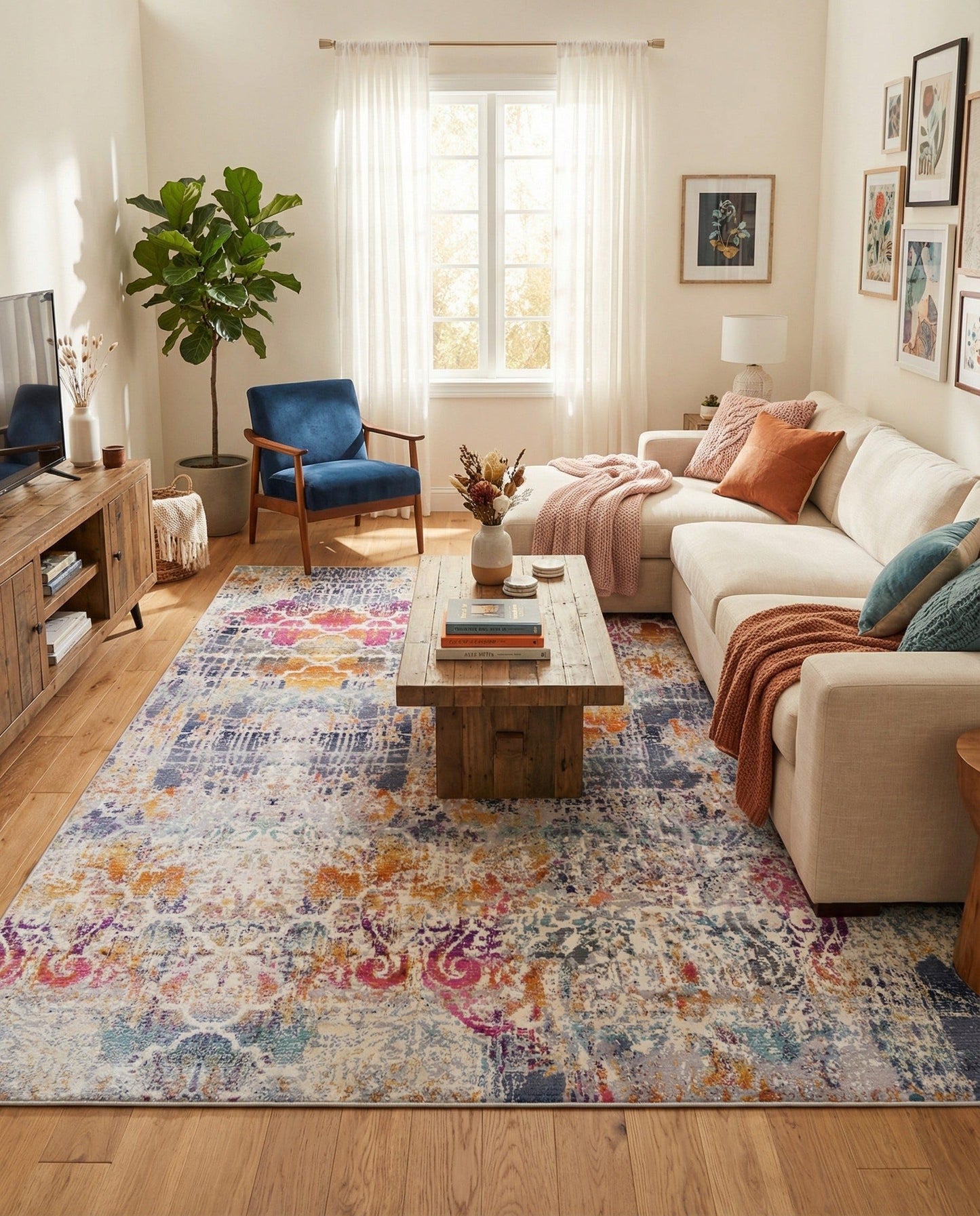 Rugs.com - Malibu Rug – 8' x 9' 10 Multi Stain-Resistant Area Rug – Retro Distressed Design for Living Rooms, Bedrooms, and Home Offices