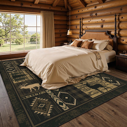 Rustic Cabin Living Room Rug 5x7, Washable Upgrade Non-Slip Animal Bear Deer Wildlife Print Pattern Area Rugs Low Pile Ultra-Thin Lodge Hunting Carpet for Bedroom, Dining Room, Office, Walnut Brown