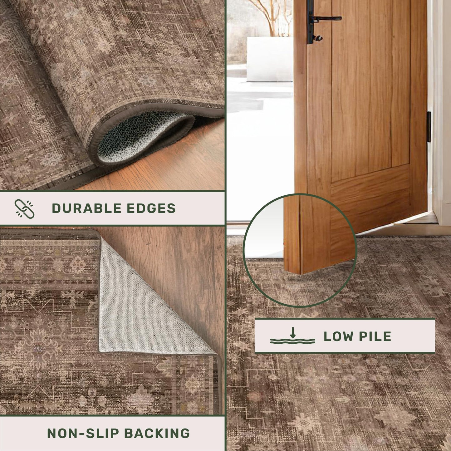 Brown Boho Washable 2x6 Runner Rugs for Hallway Kitchen Bedroom Beside Laundry Room Bathroom Rug, Pet & Kids Friendly, Non Slip Low Pile Stain Resistant Soft Faux Wool Long 24 x 72 Floor Carpet