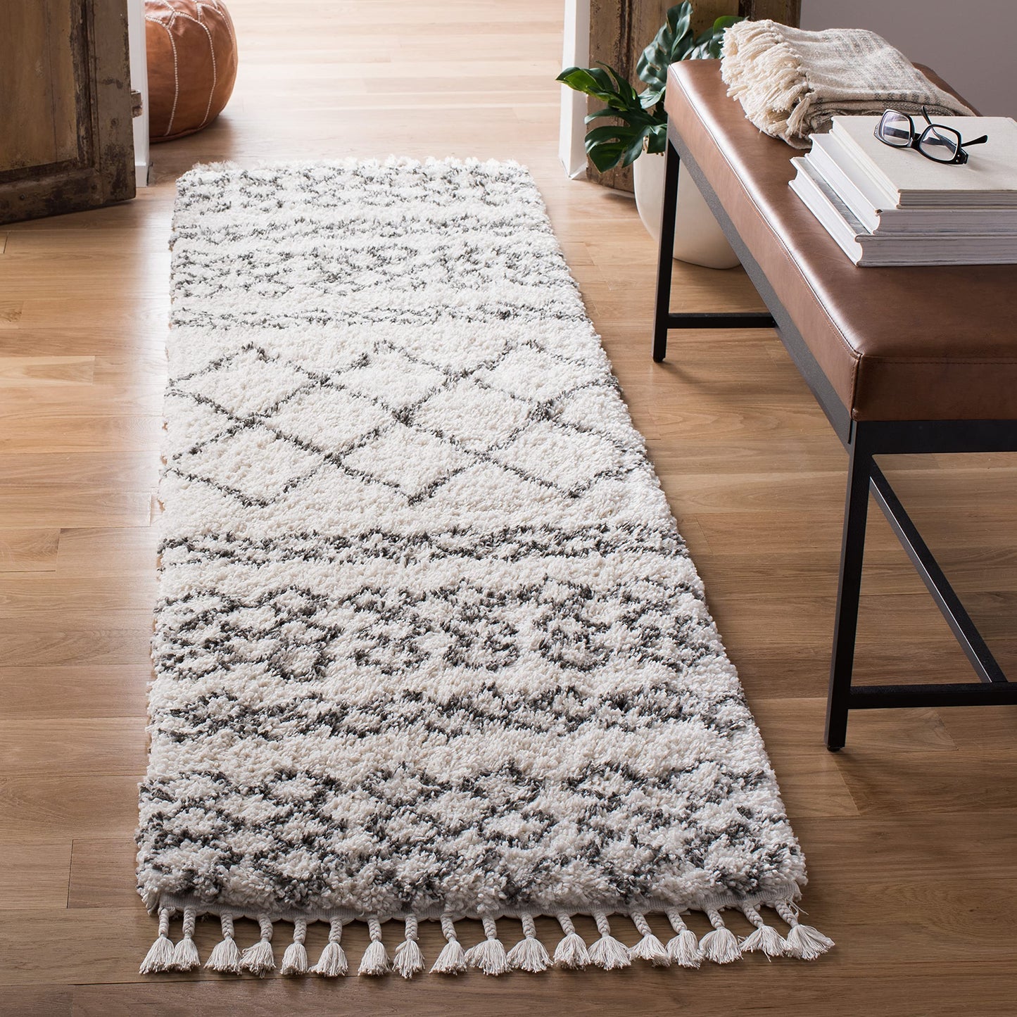 SAFAVIEH Moroccan Fringe Shag Collection Runner Rug - 2'2" x 6', Ivory & Grey, Boho Tribal Design, Non-Shedding & Easy Care, 2-inch Thick Ideal for High Traffic Areas in Living Room, Bedroom (MFG343A)