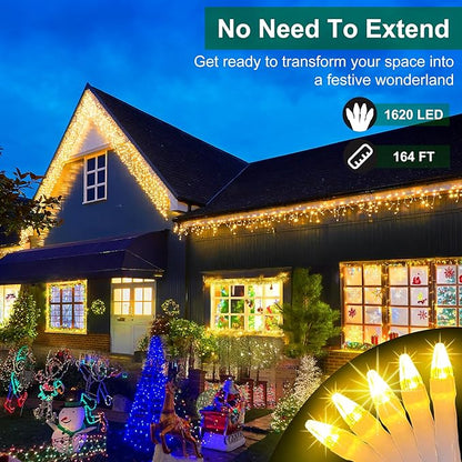 1620 LED 164ft Christmas Icicle Lights Outdoor,8 Modes Fairy Curtain Icicle String Lights with 360 Drops, Twinkly Lights Plug in Timerr Memory for Outdoor Holiday Wedding Party (Warm White)